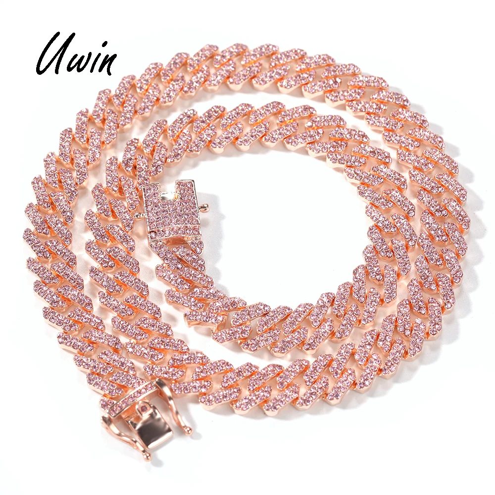 12mm Pink Cuban Chain Iced Out Rhinestone Zinc Alloy Rose Gold Plating Miami Cuban Link Chain Necklace Wholesale Jewelry - Image 6